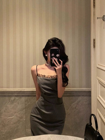 Sheath Spaghetti Straps Pleated Gray Prom Dresses Birthday Outfits Evening Gown SD805